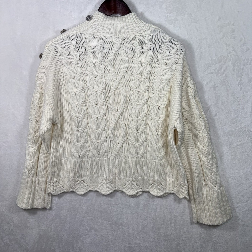 Marc New York Womens Ivory Cable Knit Mock Neck Sweater Rhinestone Shoulder M - Picture 2 of 9